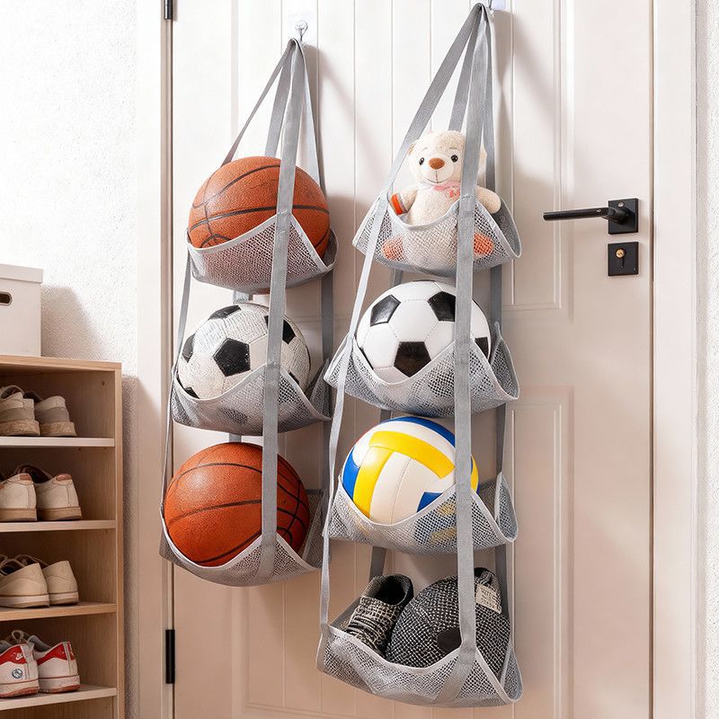 Basketball Arcade Game - กระเป๋าเก็บลูกบอลแบบแขวนติดผนังพร้อมช่องตาข่ายสำหรับจัดเก็บอุปกรณ์กีฬา บาสเก็ตบอล ฟุตบอล ของเล่นในบ้านหรือโรงรถ