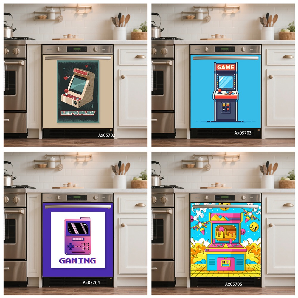 Arcade Game Cabinet - สติกเกอร์ติดประตูเครื่องล้างจานลายเกมพิกเซลย้อนยุคยุค 90 สำหรับตกแต่งห้องเกมเมอร์วัยรุ่น ตู้เกม และเครื่องซักผ้า